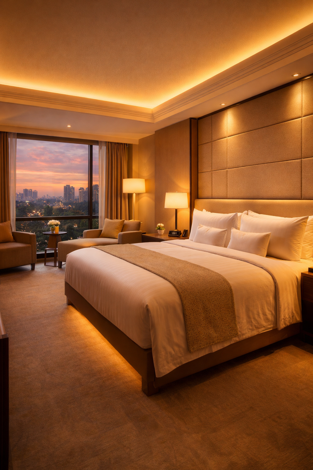 Interior kamar hotel modern di BSD dengan pencahayaan hangat