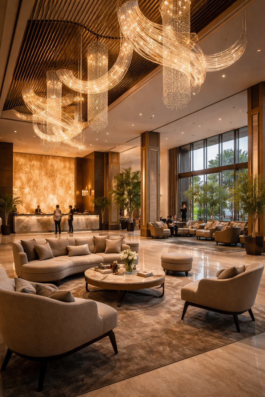 Lobi hotel di BSD dengan desain modern dan pencahayaan hangat